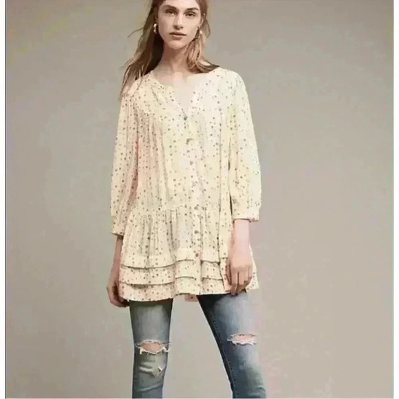 Antropologie Maeve Buttondown Tunic Sz m Dots Boho Bohemian V-neck - Picture 1 of 8